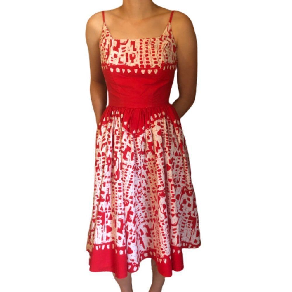 Vintage 50s Kamehameha Hawaii Tropical Red White Fit and Flare Print Sundress - Picture 3 of 12